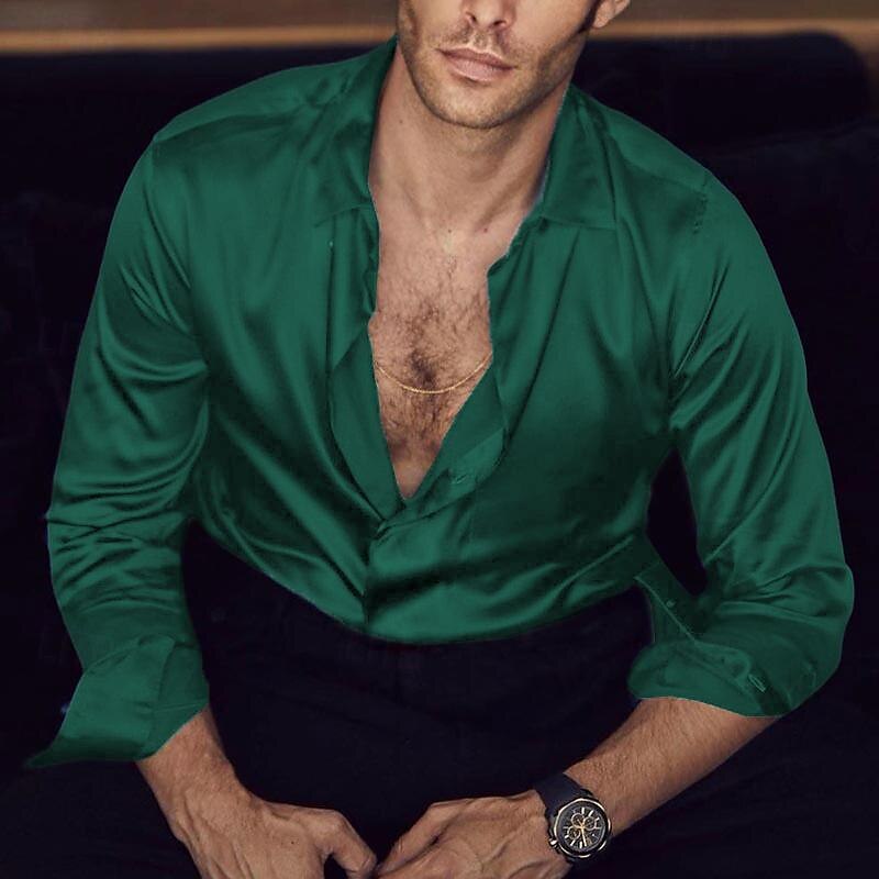 Men's Shirt Button Up Shirt Casual Shirt Satin Silk Shirt Black White Wine Blue Green Long Sleeve Plain Turndown Daily Vacation Clothing Apparel Fashion Casual Comfortable