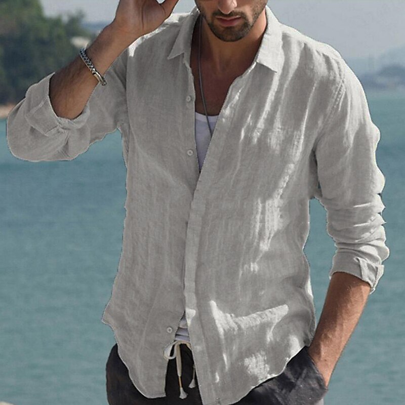 Men's Shirt Linen Shirt Summer Shirt Beach Shirt Black White Pink Long Sleeve Solid Color Collar Spring & Summer Casual Daily Clothing Apparel Button-Down