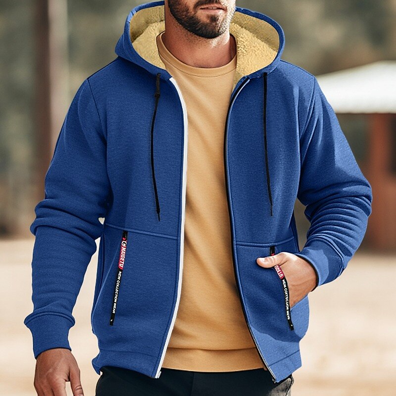 Men's Double Layer Fleece Hooded Jacket Sweat Jacket Black White Wine Army Green Navy Blue Hooded Solid Color Zipper Cool Casual Essential Winter Clothing Apparel Hoodies Sweatshirts  Long
