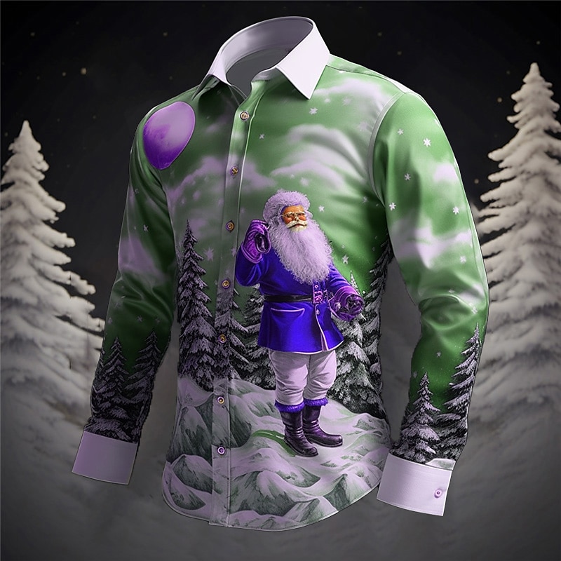 Santa Claus Casual Men's Shirt Christmas Daily Wear Going out Fall & Winter Turndown Long Sleeve Gray+Purple, Red+Pink, Light Blue S, M, L 4-Way Stretch Fabric Shirt