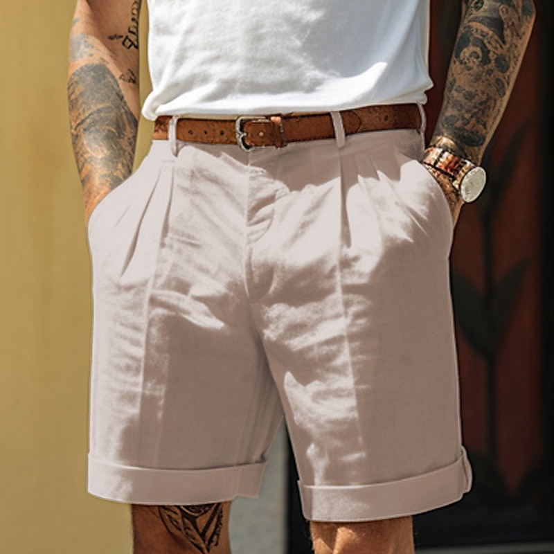 Men's Shorts Linen Shorts Summer Shorts Pleated Shorts Pocket Pleats Straight Leg Plain Comfort Breathable Short Casual Daily Holiday Fashion Designer Black White