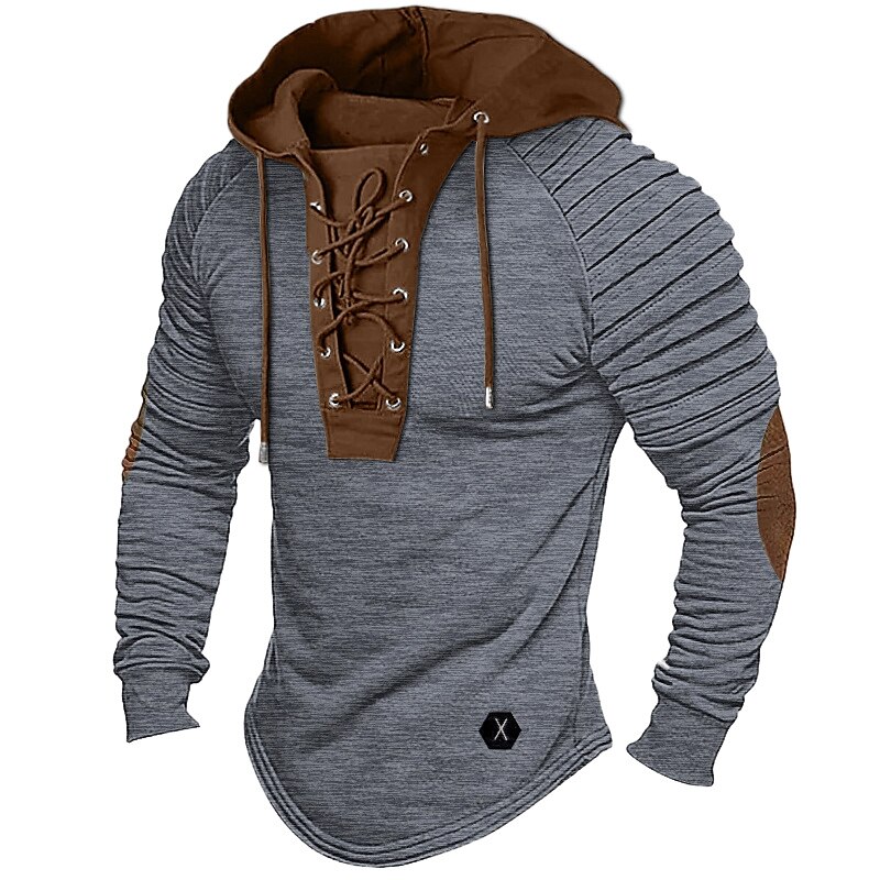 Men's T shirt Tee Tee Top Long Sleeve Shirt Color Block Slim Pleated Hooded Street Vacation Long Sleeve Lace up Patchwork Clothing Apparel Fashion Designer Basic