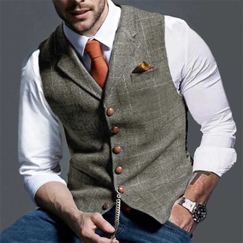 Men's Vest Tweed Vest Waistcoat Vintage Fashion Spring &  Fall Buttons Wool Blend Comfortable Plain Single Breasted V Neck Regular Fit Deep Green Navy Dark Gray Light Grey Vest