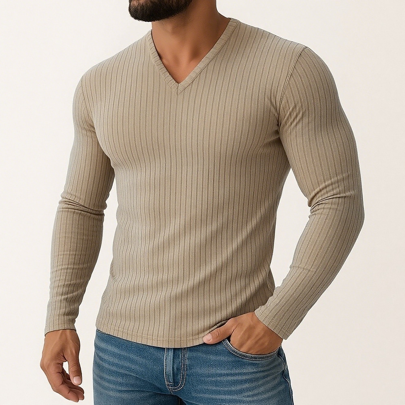 Men's T Shirt Ribbed Knit tee Tee Top Long Sleeve Shirt Long Sleeve V Neck Spring Fall Winter Plain Pit Strip Fashion Designer Basic Knitting Vacation Street Casual Black White Purple Top Tee for Men