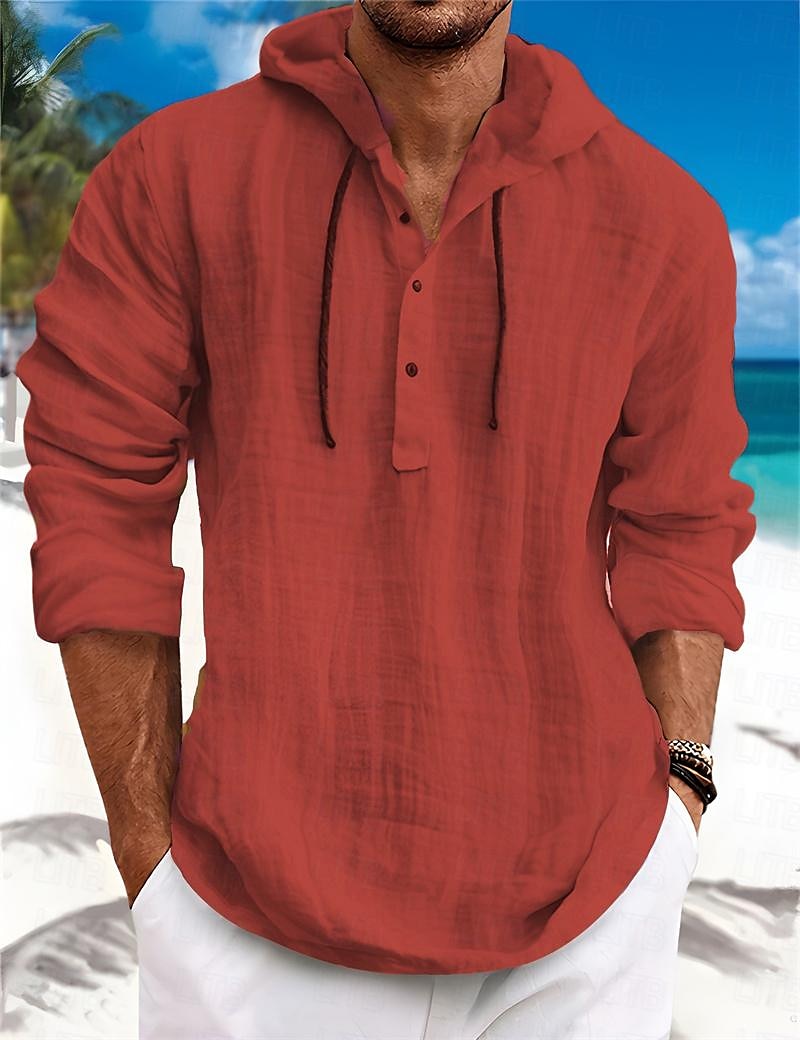 Men's Summer Beach Long Sleeve Plain Hooded Spring & Summer Casual Daily Clothing Apparel Linen Shirt