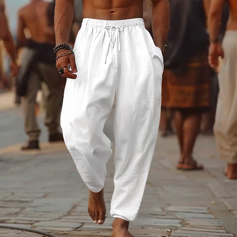 Men's Linen Pants Trousers Summer Pants Baggy Pants Beach Pants Drawstring Elastic Waist Wide Leg Plain Comfort Breathable Full Length Outdoor Casual Holiday Fashion Retro Vintage Black White