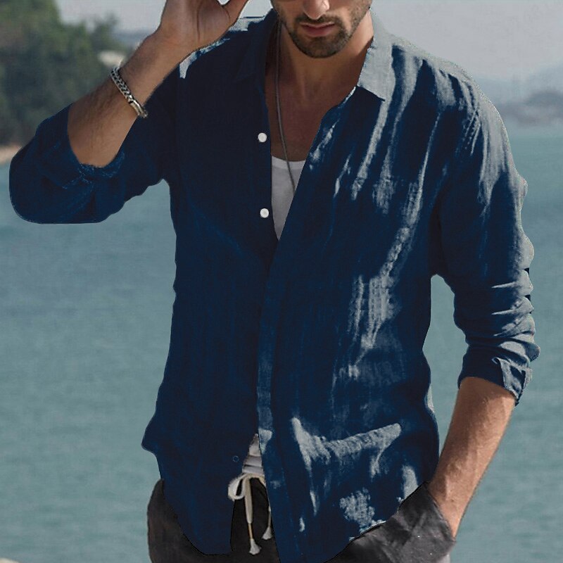 Men's Shirt Linen Shirt Summer Shirt Beach Shirt Black White Pink Long Sleeve Solid Color Collar Spring & Summer Casual Daily Clothing Apparel Button-Down