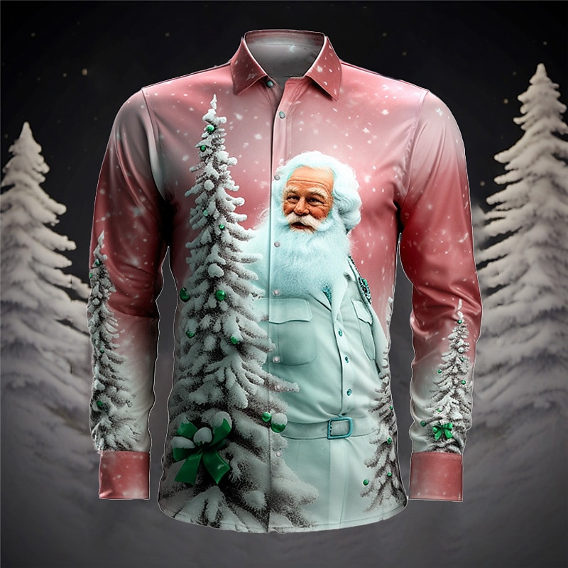 Santa Claus Casual Men's Shirt Christmas Daily Wear Going out Fall & Winter Turndown Long Sleeve Gray+Purple, Red+Pink, Light Blue S, M, L 4-Way Stretch Fabric Shirt