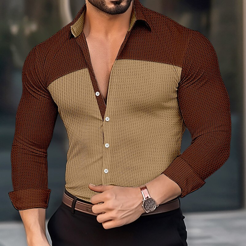 Men's Shirt Button Up Shirt Waffle Knit Shirt Long Sleeve Color Block Casual Shirt