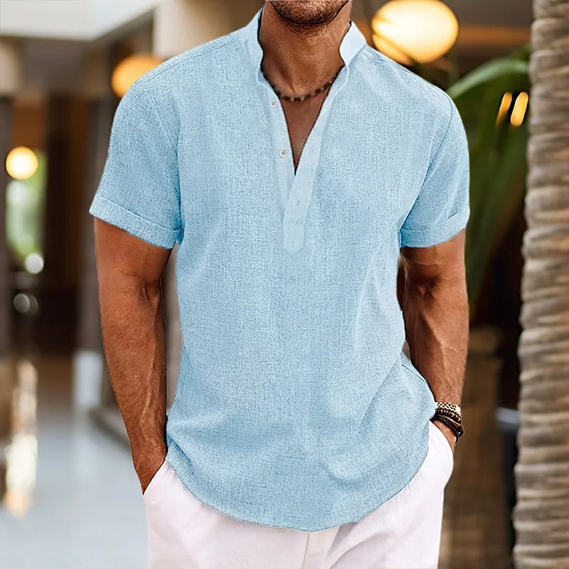 Men's Shirt Linen Shirt Popover Shirt Summer Shirt Beach Wear Black White Pink Green Short Sleeve Plain Henley Summer Casual Daily Clothing Apparel