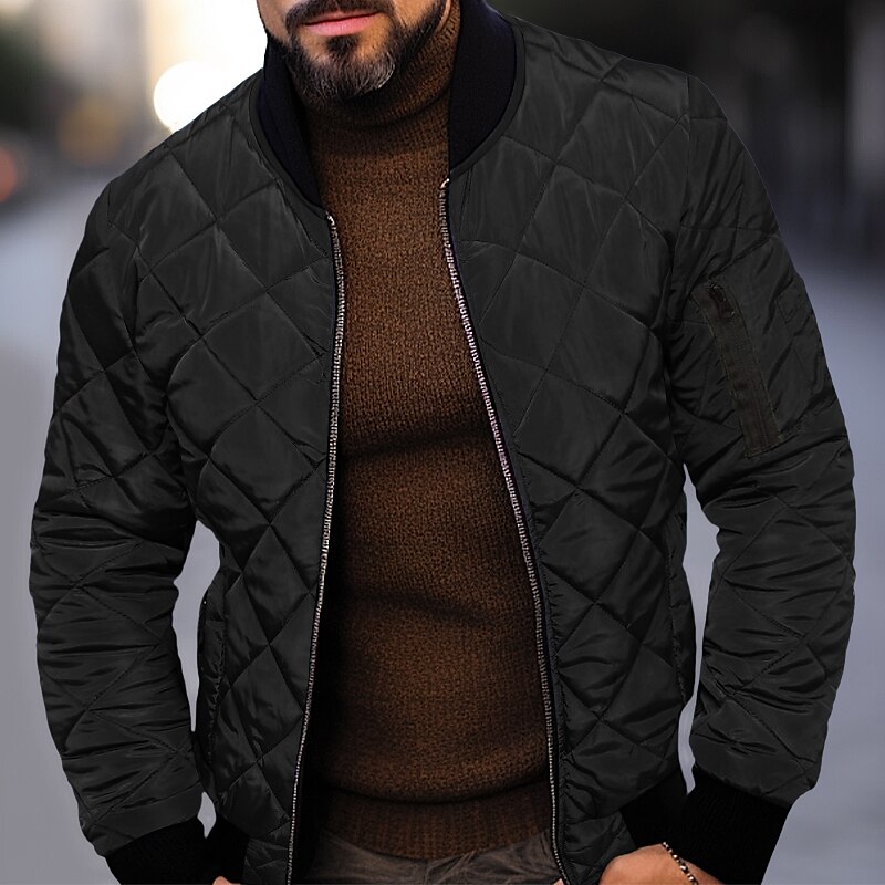 Men's Winter Jacket Quilted Jacket Outdoor Daily Wear Warm Pocket Fall Winter Plain Fashion Streetwear Standing Collar Regular Black Wine Blue Red & White Army Green Jacket