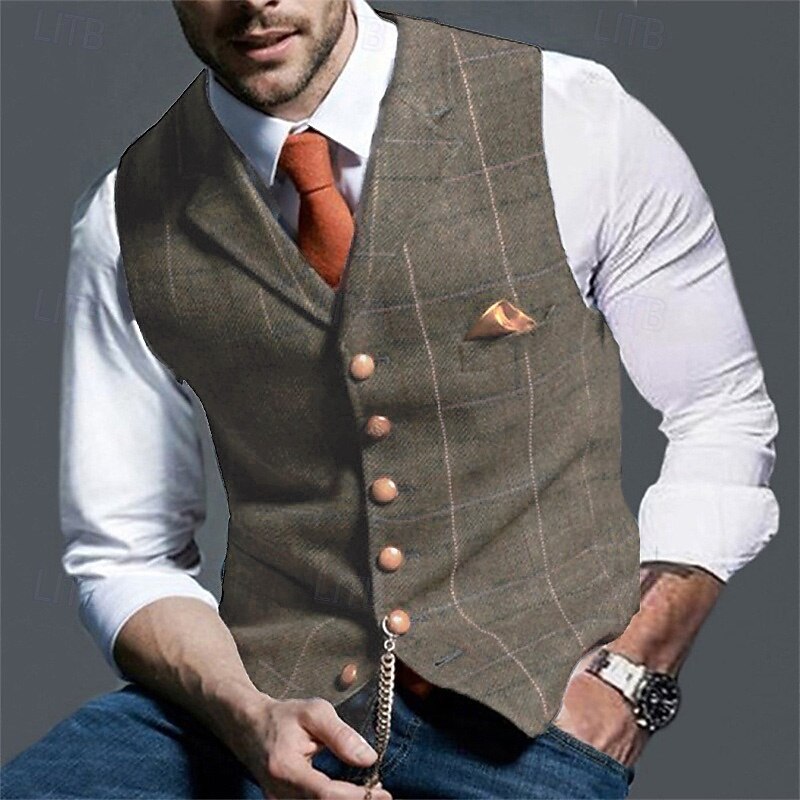 Men's Vest Tweed Vest Waistcoat Vintage Fashion Spring &  Fall Buttons Wool Blend Comfortable Plain Single Breasted V Neck Regular Fit Deep Green Navy Dark Gray Light Grey Vest