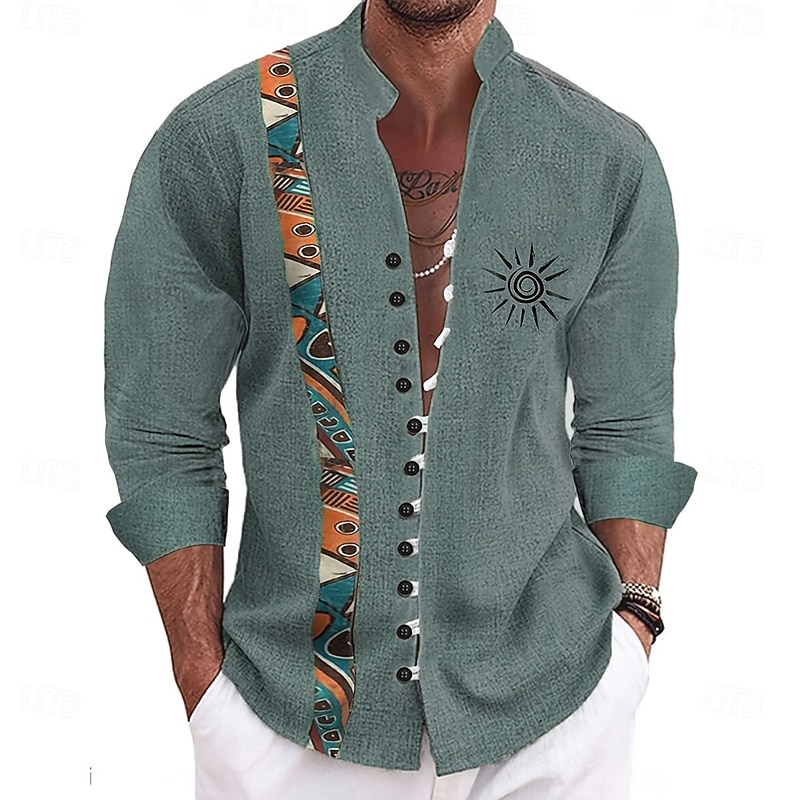 Men's Sun Ethnic Culture Shirt Stand Collar Shirt Long Sleeve Vintage Retro Vacation Daily Wear Going out Spring Fall Mandarin Collar Band Collar Button-Down Linen Like Shirt Blue Dark Green
