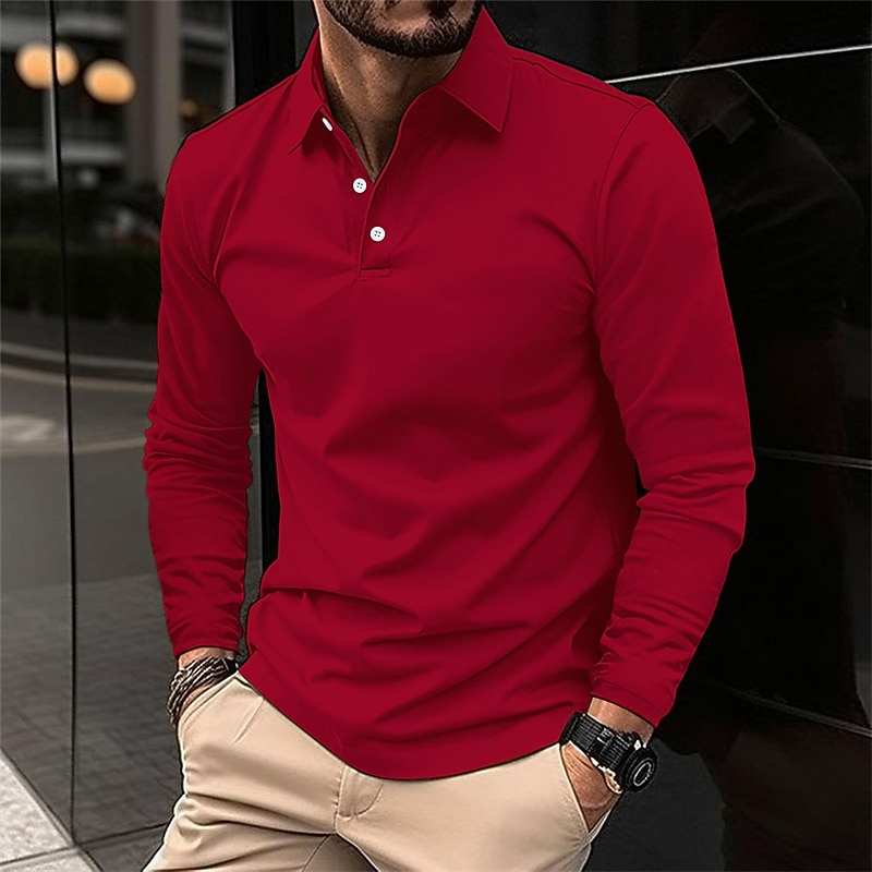 Men's Golf Shirt Golf Polo Work Casual Lapel Long Sleeve Basic Modern Plain Button Spring &  Fall Regular Fit Wine Black White Pink Navy Blue Green Golf Shirt