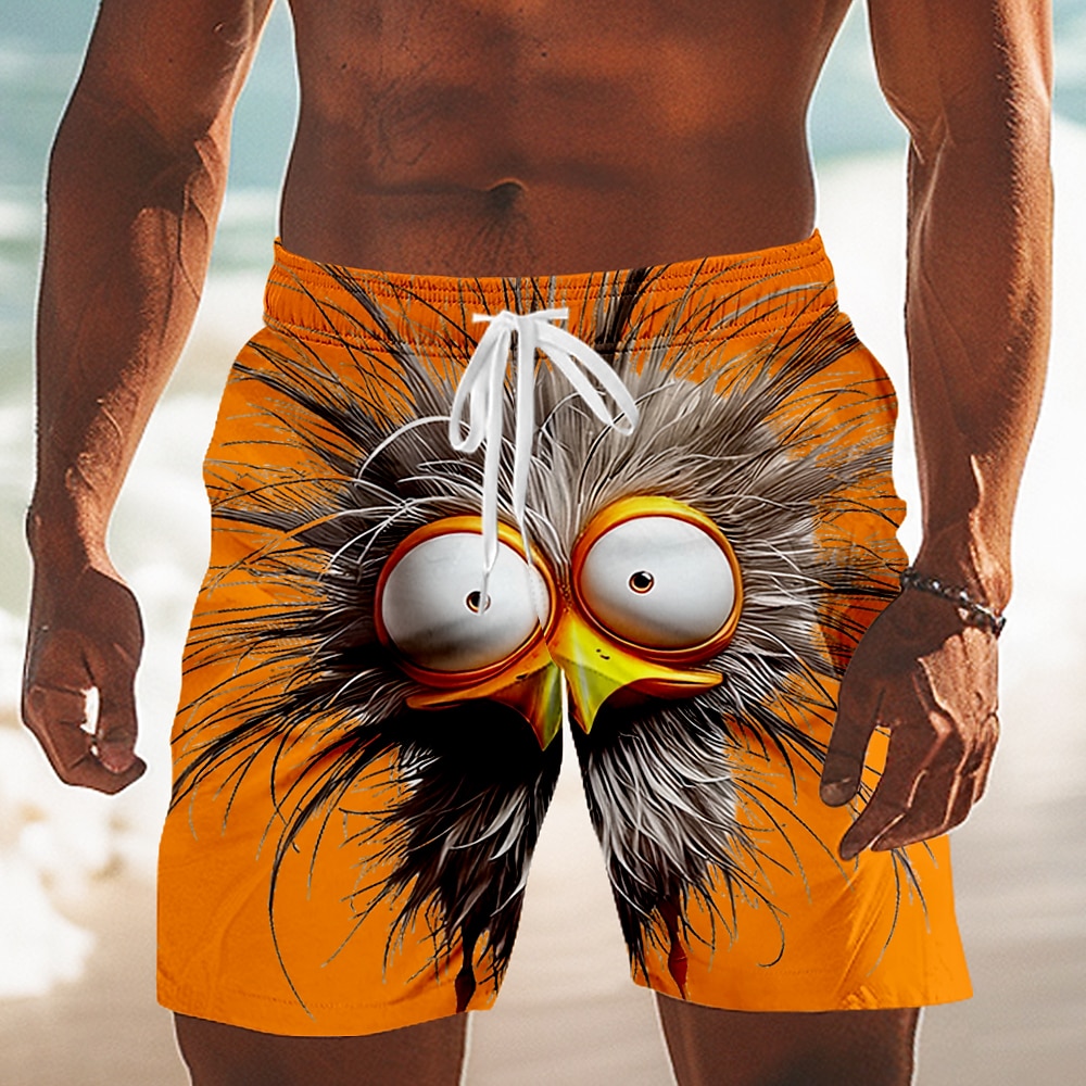 Men's Animal Cartoon Frizzle Chickens Swim Trunks Swim Shorts Board Shorts Mid Waist Funny Outdoor Vacation Side Pockets Mesh Lining Elastic Drawstring Waist Designer Clothing Apparel