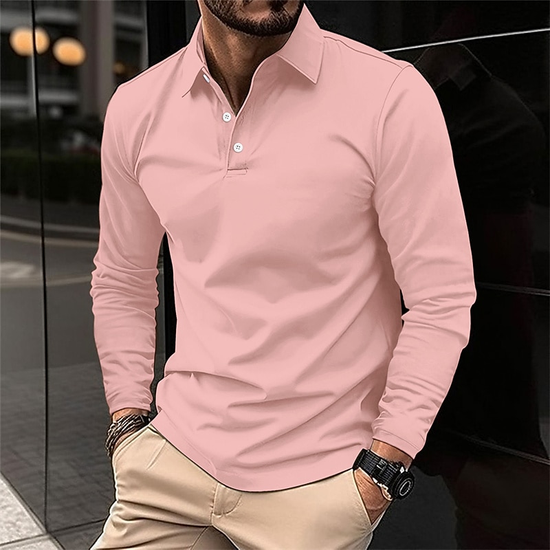 Men's Golf Shirt Golf Polo Work Casual Lapel Long Sleeve Basic Modern Plain Button Spring &  Fall Regular Fit Wine Black White Pink Navy Blue Green Golf Shirt