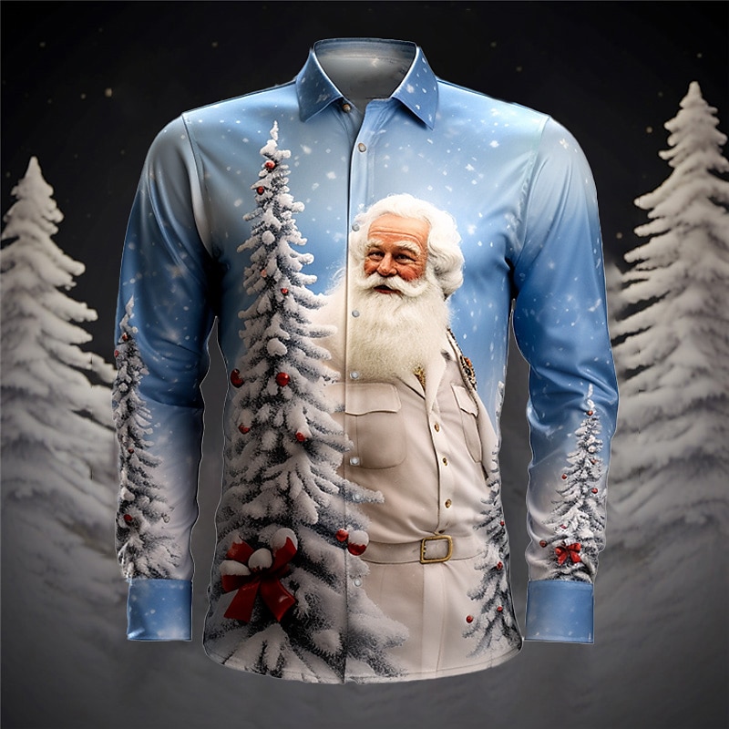 Santa Claus Casual Men's Shirt Christmas Daily Wear Going out Fall & Winter Turndown Long Sleeve Gray+Purple, Red+Pink, Light Blue S, M, L 4-Way Stretch Fabric Shirt