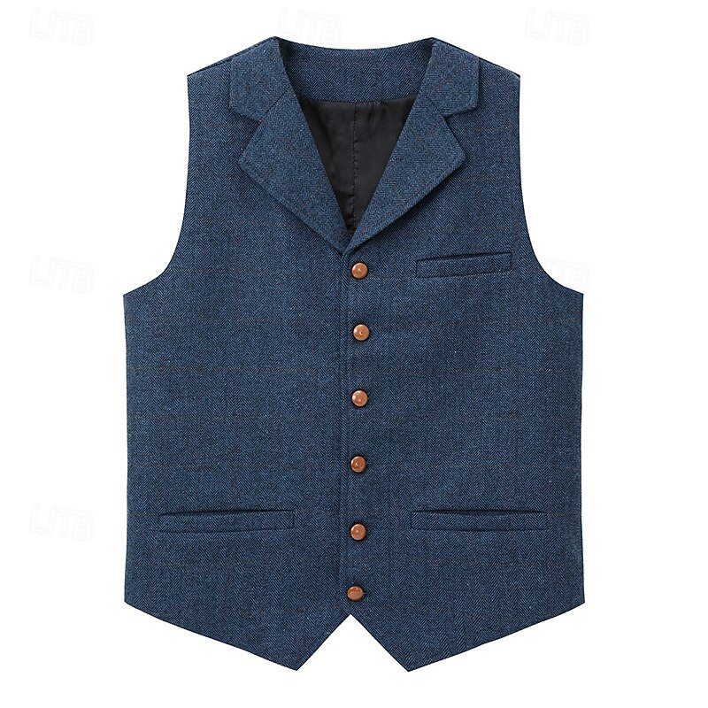 Men's Vest Tweed Vest Waistcoat Vintage Fashion Spring &  Fall Buttons Wool Blend Comfortable Plain Single Breasted V Neck Regular Fit Deep Green Navy Dark Gray Light Grey Vest