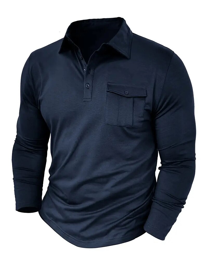 Men's Button Up Casual Sports Lapel Long Sleeve Fashion Basic Plain Button Pocket Spring &  Fall Regular Fit Polo Shirt