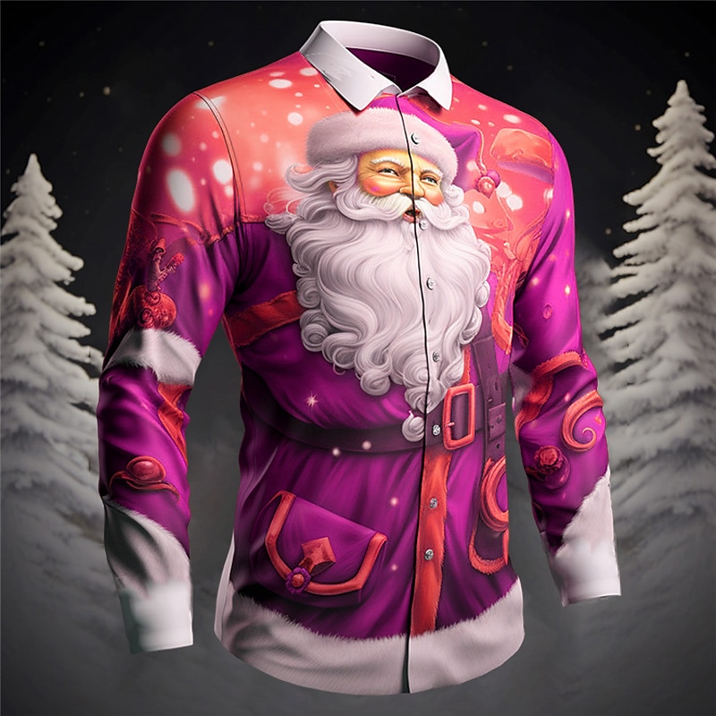 Santa Claus Casual Men's Shirt Outdoor Christmas Street Fall & Winter Turndown Long Sleeve White Yellow Pink S M L Shirt