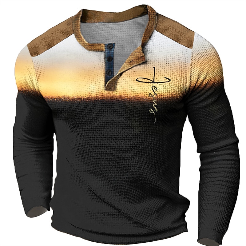 Men's Graphic Color Block Faith Fashion Designer Casual 3D Print Waffle Sports Outdoor Holiday Festival Long Sleeve Spring &  Fall Henley T-Shirt