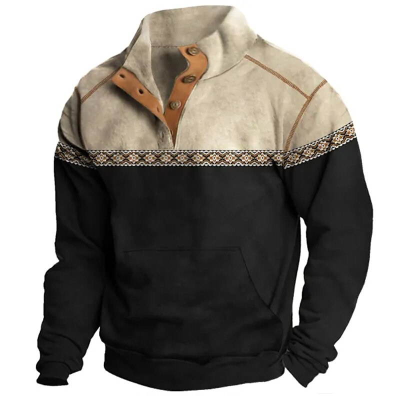 Men's Sweatshirt Black Standing Collar Color Block Vintage Basic Hoodies Sweatshirts