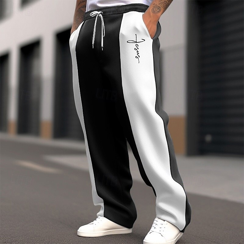 Men's Christmas Pants Sweatpants Trousers Straight Leg Sweatpants Pocket Drawstring Elastic Waist Color Block Cross Comfort Christmas Sports Outdoor Fashion Casual Black Dark Blue Micro-elastic