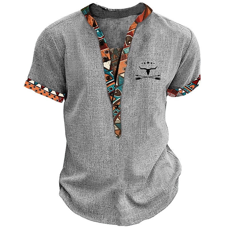 Men's Henley Shirt Graphic Tribal Stand Collar Clothing Apparel 3D Print Outdoor Daily Short Sleeve Button Print Fashion Designer Basic