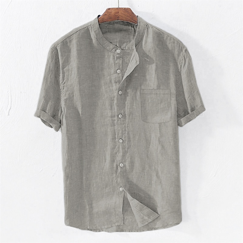 Men's Summer Beach Short Sleeve Plain Standing Collar Summer Spring Outdoor Daily Clothing Apparel Button-Down Linen Shirt