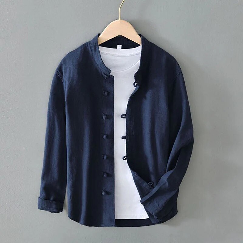 Men's Shirt Linen Shirt Viking Style Band Collar Shirt Summer Shirt  Beach Wear Solid Color Vacation Street Black White Navy Blue Gray Long Sleeve Mandarin Collar Summer Spring Clothing Apparel Buttons