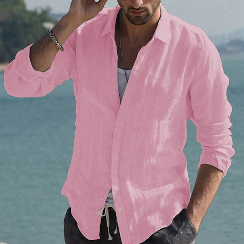 Men's Shirt Linen Shirt Summer Shirt Beach Shirt Black White Pink Long Sleeve Solid Color Collar Spring & Summer Casual Daily Clothing Apparel Button-Down