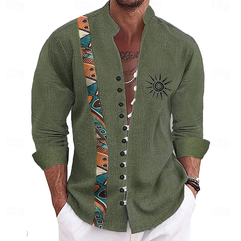 Men's Sun Ethnic Culture Shirt Stand Collar Shirt Long Sleeve Vintage Retro Vacation Daily Wear Going out Spring Fall Mandarin Collar Band Collar Button-Down Linen Like Shirt Blue Dark Green