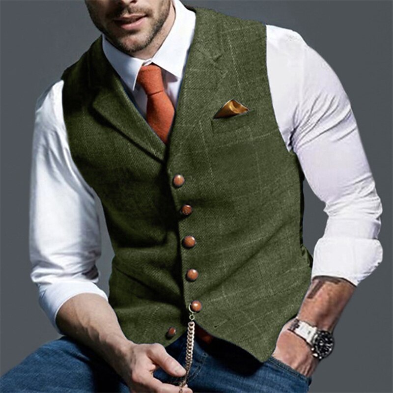 Men's Vest Tweed Vest Waistcoat Vintage Fashion Spring &  Fall Buttons Wool Blend Comfortable Plain Single Breasted V Neck Regular Fit Deep Green Navy Dark Gray Light Grey Vest