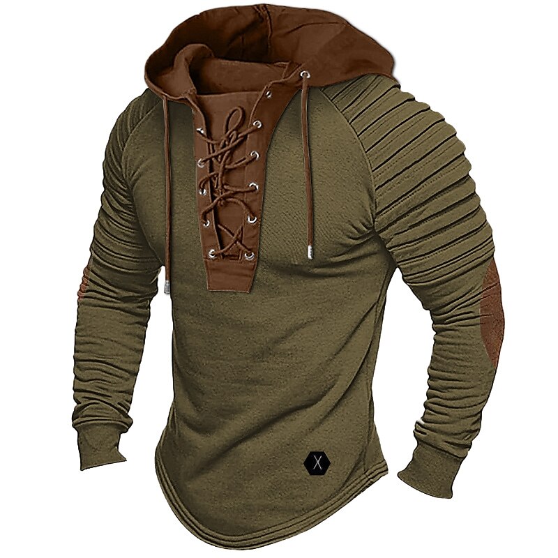 Men's T shirt Tee Tee Top Long Sleeve Shirt Color Block Slim Pleated Hooded Street Vacation Long Sleeve Lace up Patchwork Clothing Apparel Fashion Designer Basic