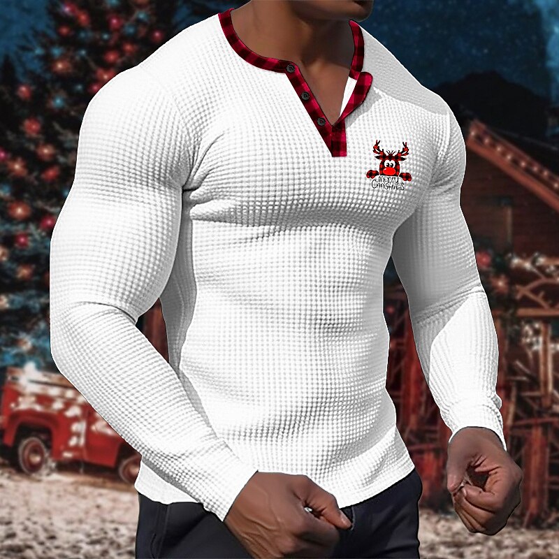 Basic Christmas Men's Henley Shirt Waffle Knit Tee Tee Top Long Sleeve Color Block Henley 