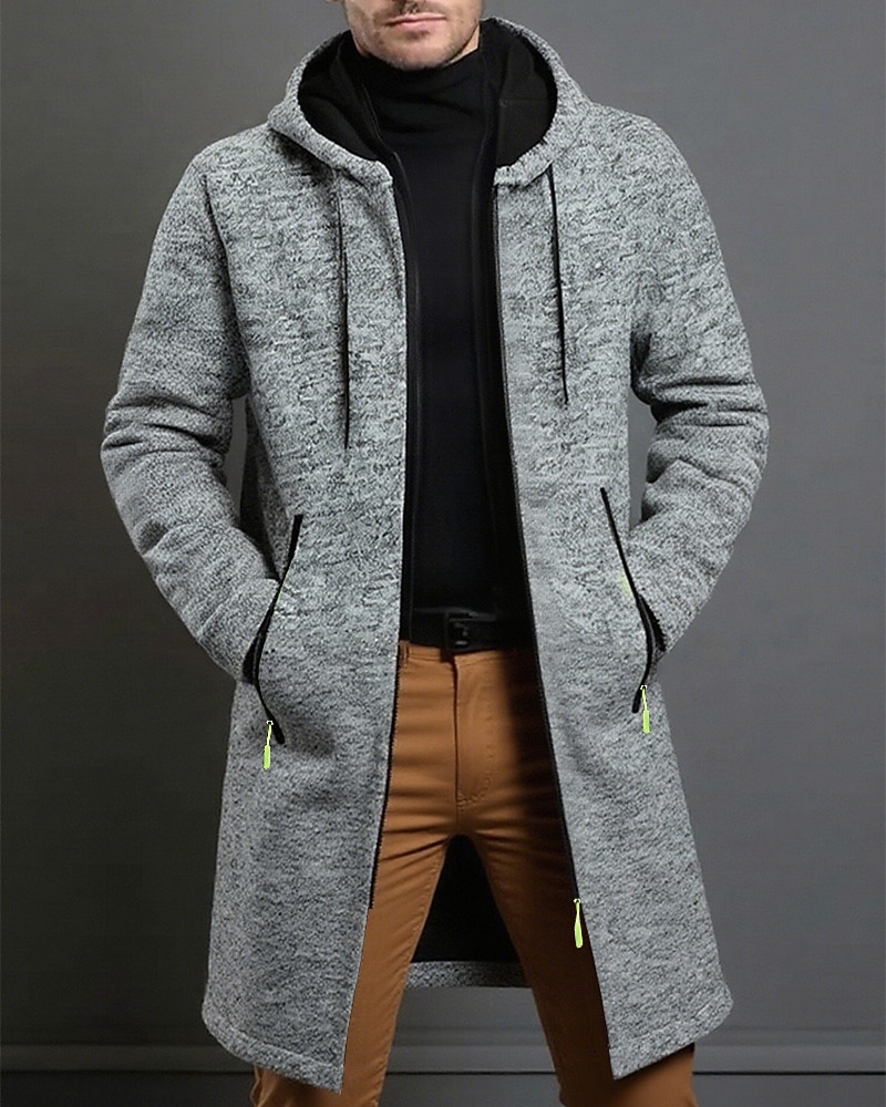 Men's Overcoat Trench Coat Long Trench Coat Vacation Daily Spring Winter  Windproof Warm Outerwear Clothing Apparel Fashion Classic Plain Pocket Hooded Zipper