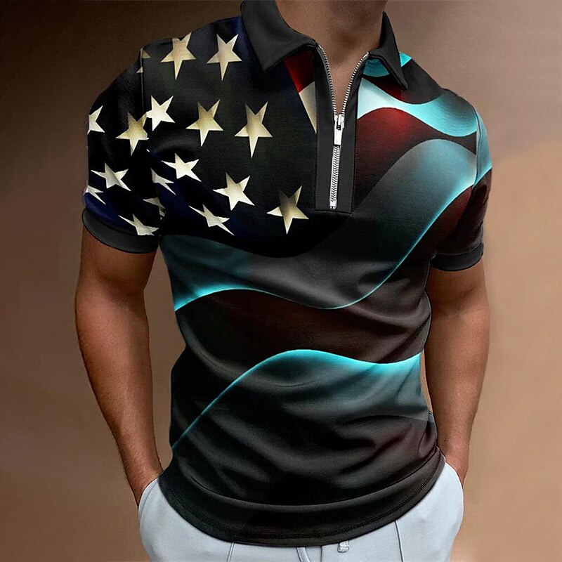 Men's Polo Shirt Golf Shirt Star Turndown Black White Black / Purple Red Royal Blue 3D Print Street Daily Short Sleeve Zipper 3D Clothing Apparel Fashion Casual Comfortable
