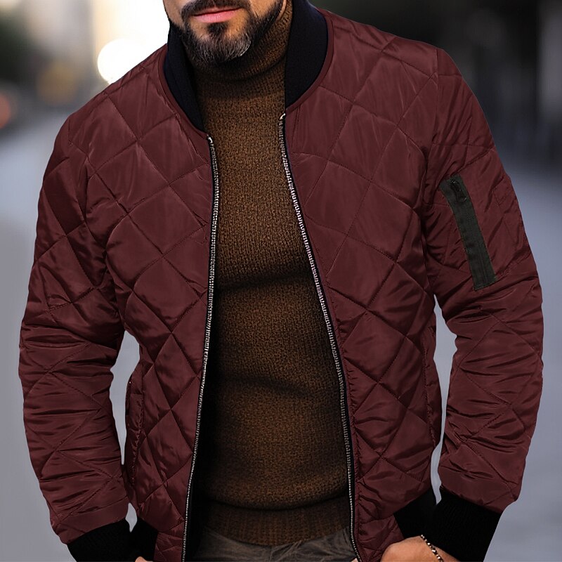 Men's Winter Jacket Quilted Jacket Outdoor Daily Wear Warm Pocket Fall Winter Plain Fashion Streetwear Standing Collar Regular Black Wine Blue Red & White Army Green Jacket