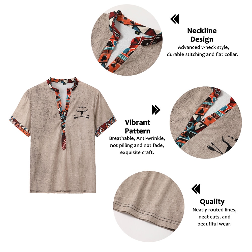 Men's Henley Shirt Graphic Tribal Stand Collar Clothing Apparel 3D Print Outdoor Daily Short Sleeve Button Print Fashion Designer Basic