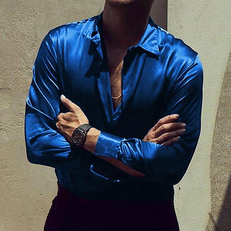 Men's Shirt Button Up Shirt Casual Shirt Satin Silk Shirt Black White Wine Blue Green Long Sleeve Plain Turndown Daily Vacation Clothing Apparel Fashion Casual Comfortable