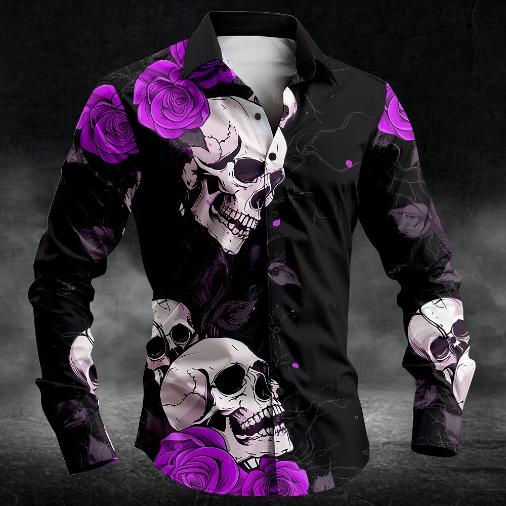 Rose Skull Casual Dark Men's Button Up Shirt Long Sleeve Party Evening Daily Fall Winter Spring & Summer Shirt Collar Button Up 3D Print Thin Black White Blue Purple Green Polyester
