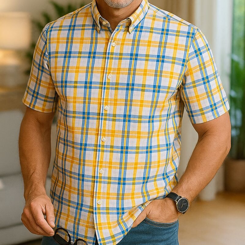 Men's Dress Shirt Casual Shirt Plaid  Check Shirt  Graphic Prints Square Neck Light Yellow Light Pink Black / Gray White / Green Sea Blue Casual Daily Short Sleeve collared shirts Clothing Apparel