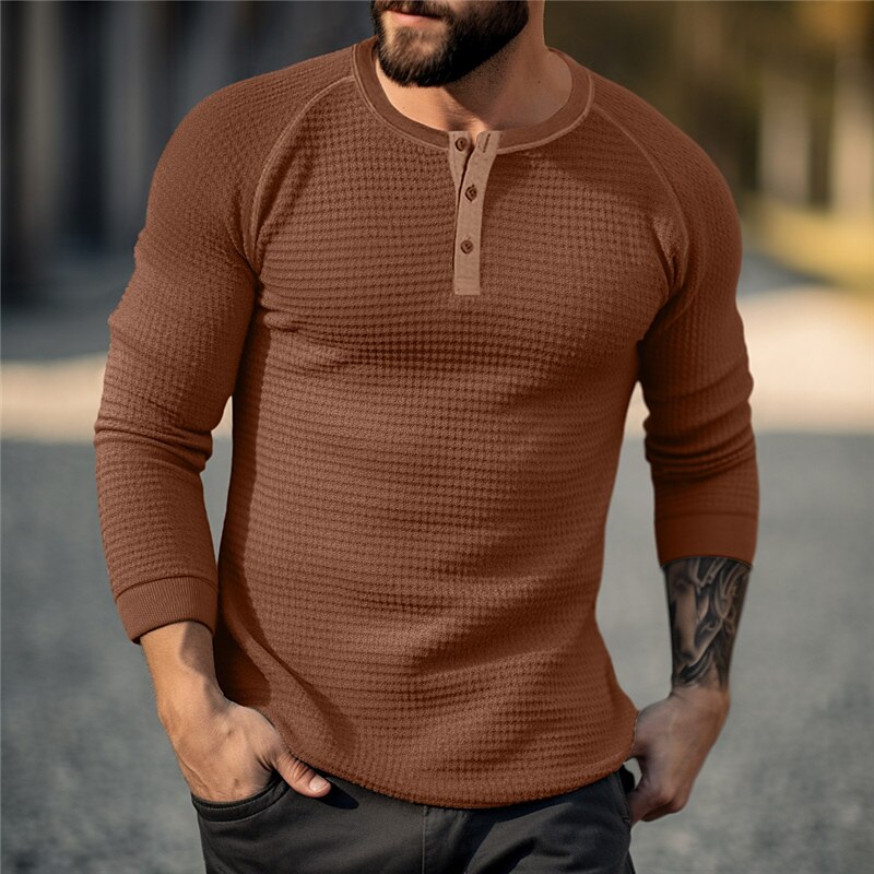 Men's T shirt Tee Waffle Henley Shirt Henley Shirt Tee Top Long Sleeve Shirt Plain