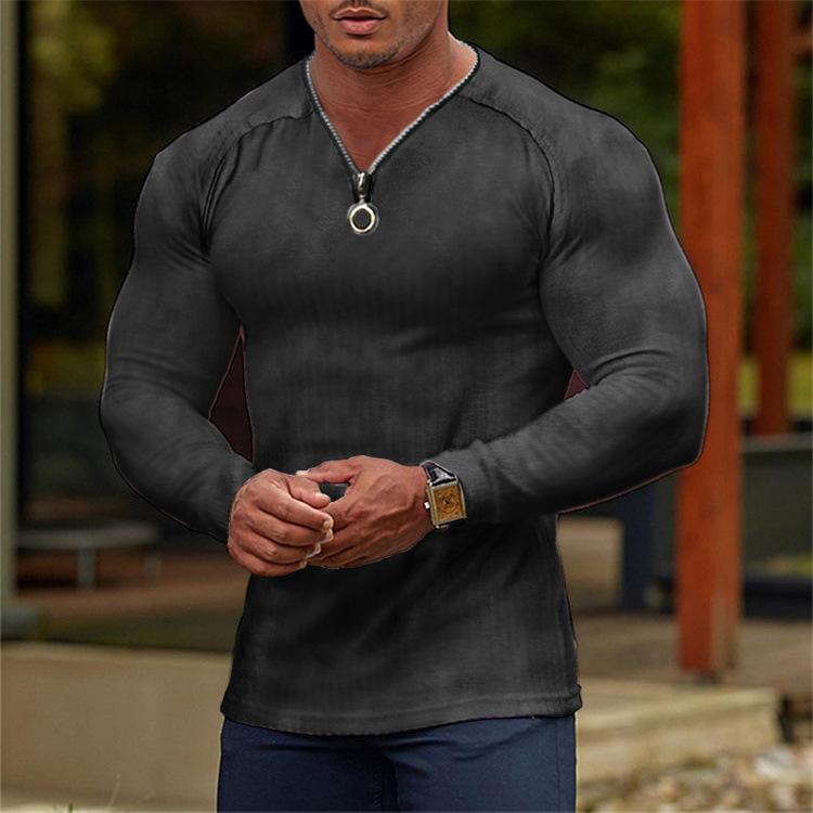 Men's Muscle  Solid Color V-neck Zipper Long-sleeved T-shirt