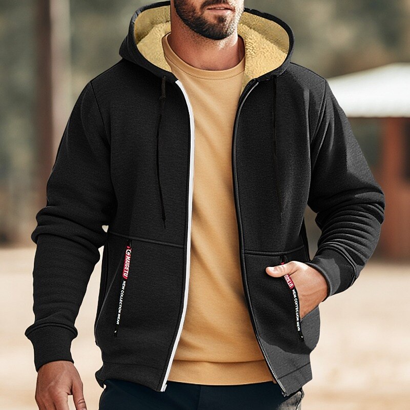 Men's Double Layer Fleece Hooded Jacket Sweat Jacket Black White Wine Army Green Navy Blue Hooded Solid Color Zipper Cool Casual Essential Winter Clothing Apparel Hoodies Sweatshirts  Long