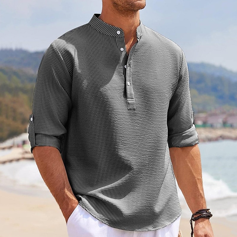Men's Shirt Popover Shirt Summer Shirt Casual Shirt Beach Shirt Waffle Knit Shirt Black White Blue Sky Blue Army Green Long Sleeve Plain Stand Collar Vacation Hawaiian Buttons Clothing Apparel