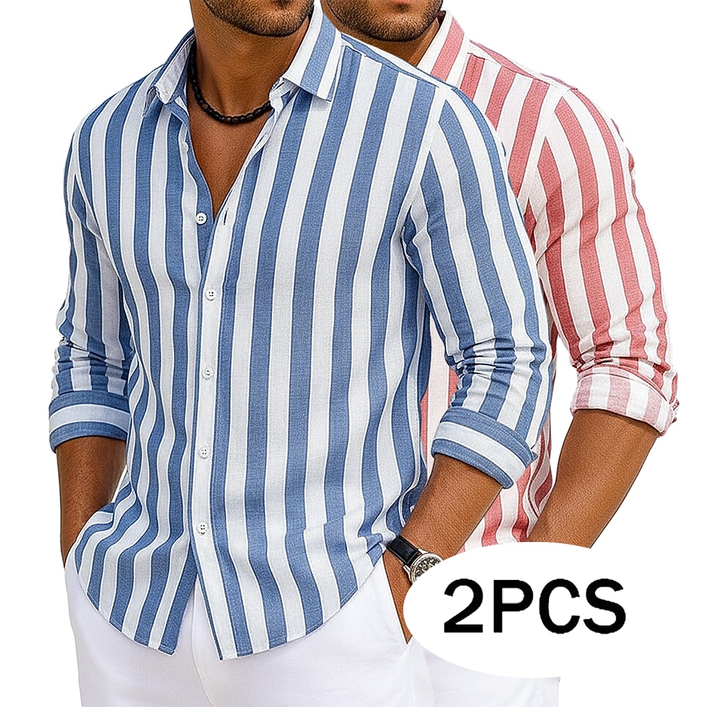 2-Pack Men's Shirt Cotton Linen Shirt Summer Shirt Beach Shirt Striped Shirts Vertical Stripes Casual Vacation Pink+Yellow Yellow+green Green+pink Navy Blue+Yellow Long Sleeve Turndown Summer Spring Clothing