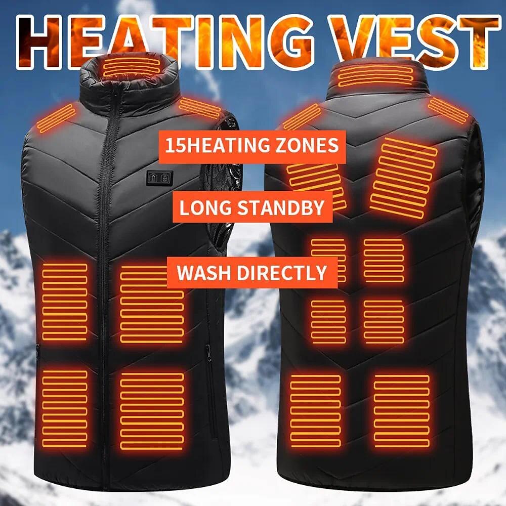 15 Places Heated Vest Men Women Usb Heated Jacket Heating Vest Thermal Clothing Hunting Vest Winter Heating Jacket Black M-6XL（Power bank not included）