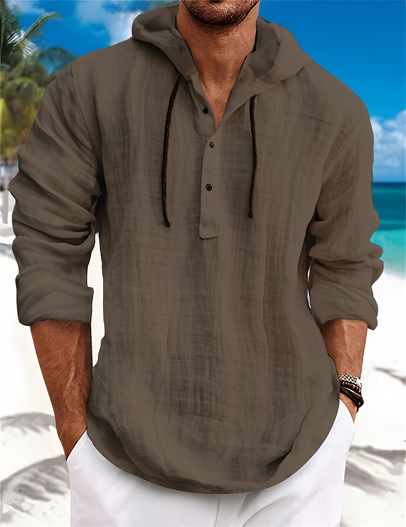 Men's Summer Beach Long Sleeve Plain Hooded Spring & Summer Casual Daily Clothing Apparel Linen Shirt