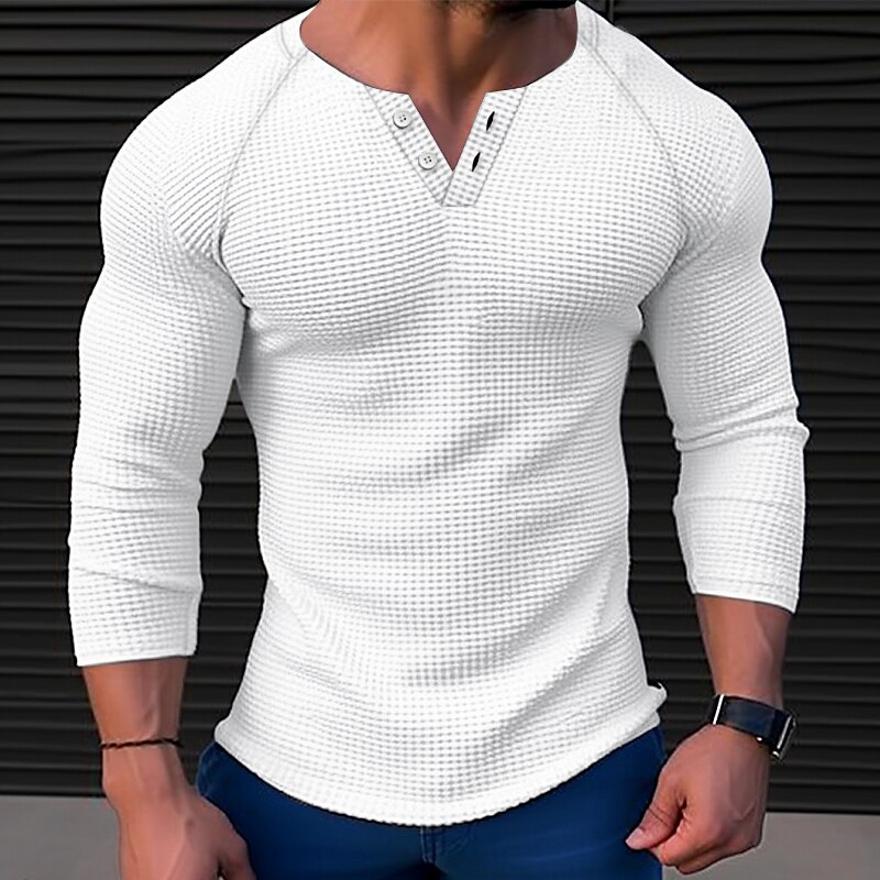 Men's Basic Henley Shirts T-shirt Tee Waffle Henley Shirt Long Sleeve Plain 